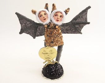 Spun Cotton Vintage Inspired Halloween Double Headed Siamese Bat Child Figure