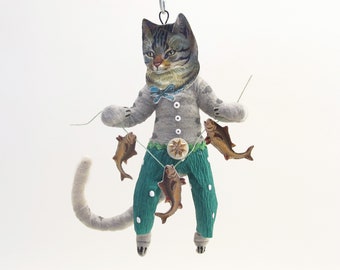 Spun Cotton Cat Boy Catching Fish Ornament/Figure