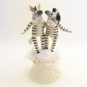 One Of A Kind Spun Cotton Zebra Wedding Cake Topper With Sculpted Heads image 1