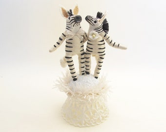 One Of A Kind Spun Cotton Zebra Wedding Cake Topper (With Sculpted Heads)
