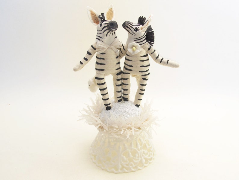 One Of A Kind Spun Cotton Zebra Wedding Cake Topper With Sculpted Heads image 1