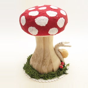 Large Sized Hand Turned Wood And Cotton Mushroom With Snail And Natural Elements Red Big Spot