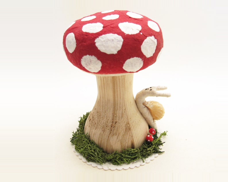 Large Sized Hand Turned Wood And Cotton Mushroom With Snail And Natural Elements Red Big Spot