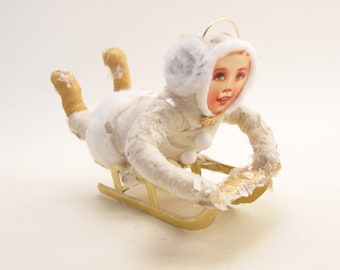 Vintage Inspired Spun Cotton White Sledding Child Ornament/Figure