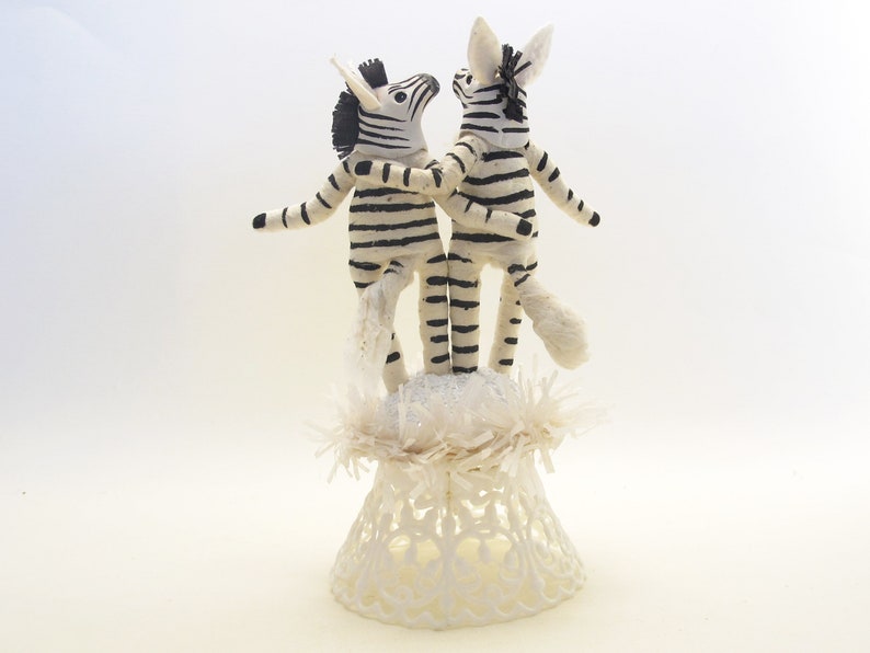 One Of A Kind Spun Cotton Zebra Wedding Cake Topper With Sculpted Heads image 2