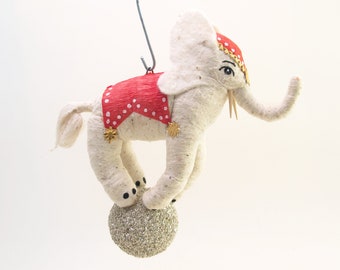 Spun Cotton Circus Elephant On Ball Ornament