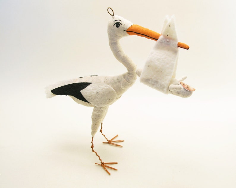 Spun Cotton Standing Stork and Baby Figure/Ornament One Single Baby