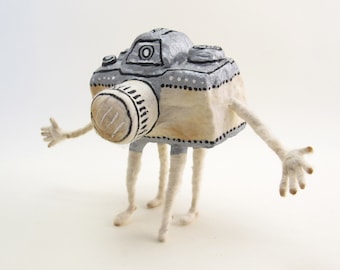 One Of A Kind - Vintage Inspired Spun Cotton Bizzare Walking Camera Figure (Silver & Tan)