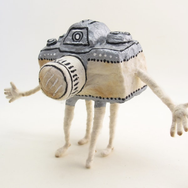 One Of A Kind - Vintage Inspired Spun Cotton Bizzare Walking Camera Figure (Silver & Tan)