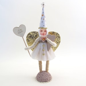 Spun Cotton White And Gold Glittery Heart Girl Valentine&#39;s Day Figure