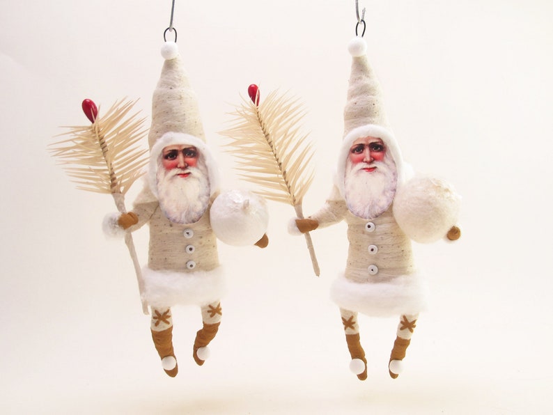 Spun Cotton Classic White Santa With Goose Feather Sprig Christmas Ornament image 4