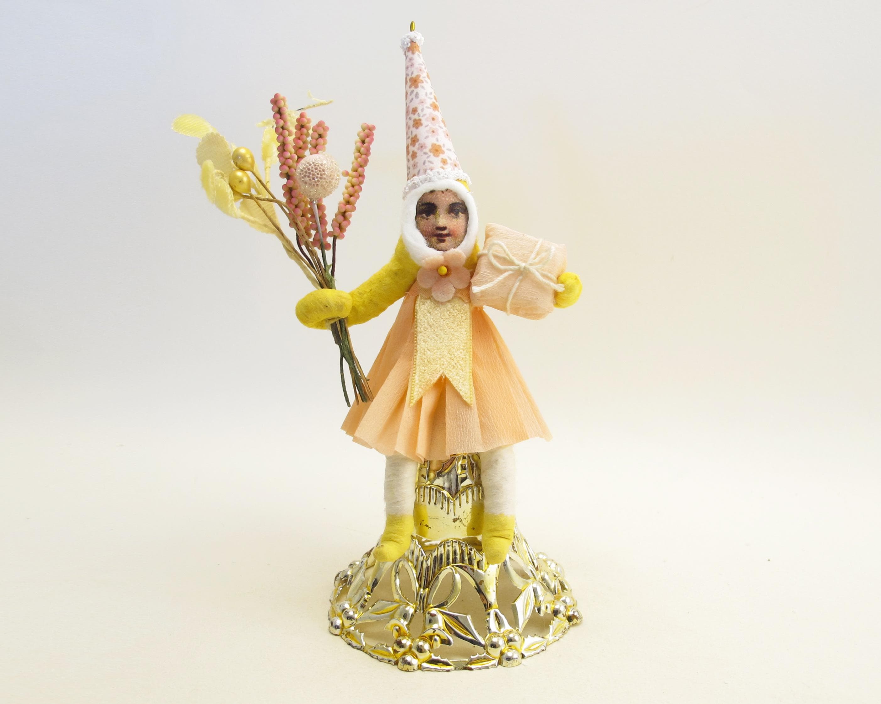 VintagebyCrystal　arts＆science Spun Cotton Yellow Bell Girl Ornament/figure - Etsy