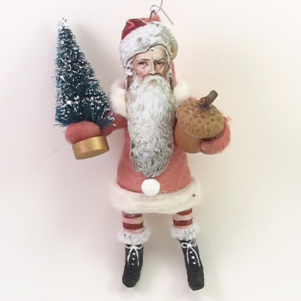 MADE TO ORDER - Vintage Inspired Spun Cotton Long Beard Santa Ornament