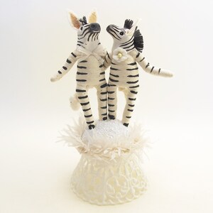 One Of A Kind Spun Cotton Zebra Wedding Cake Topper With Sculpted Heads image 3