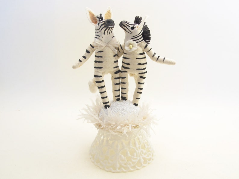 One Of A Kind Spun Cotton Zebra Wedding Cake Topper With Sculpted Heads image 3