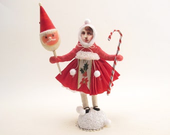 Spun Cotton Christmas Girl With Santa Pick and Candy Cane Figure