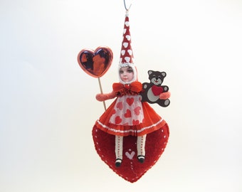 Spun Cotton Red Floating Felted Heart Girl With Teddy Bear - Valentine's Day Ornament
