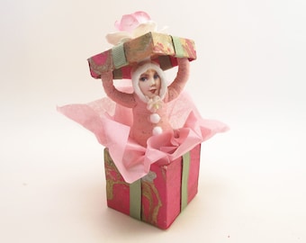 Spun Cotton Pink Surprise Popout Chirstmas Present Ornament/Figure