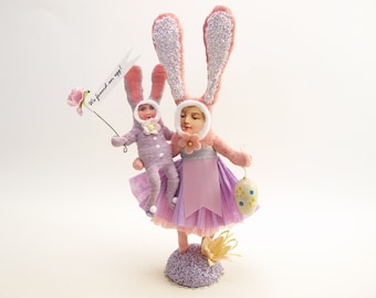 Spun Cotton Mamma Rabbit & Child Bunny Easter Figure