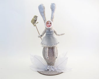 Vintage Inspired Spun Cotton Bunny Girl Figure on Glittery Egg Stand