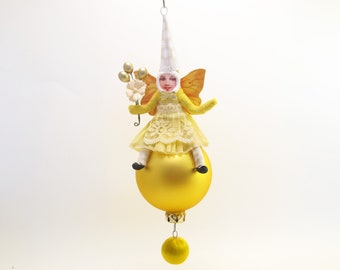 Spun Cotton Yellow Fairy On Glass Ball Christmas Ornament (Assorted Yellow/Gold Shade Ornaments)