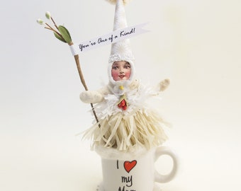 Spun Cotton OOAK "I Love My Mom" Tea Cup Mother's Day Figure