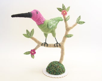 Vintage Inspired Spun Cotton Hummingbird On Tree Branch Figure