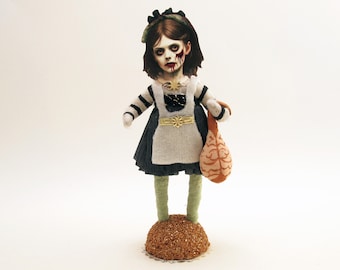 Spun Cotton Halloween Zombie Girl With Brain Figure