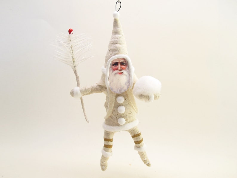 Spun Cotton Classic White Santa With Goose Feather Sprig Christmas Ornament image 5