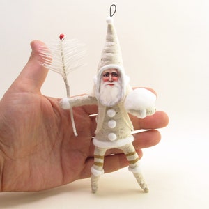 Spun Cotton Classic White Santa With Goose Feather Sprig Christmas Ornament image 7