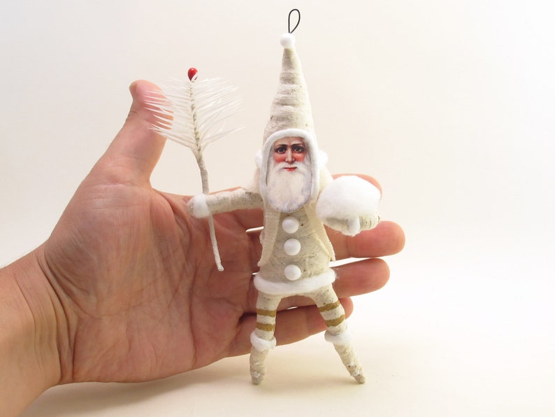 Spun Cotton Classic White Santa With Goose Feather Sprig Christmas Ornament image 7