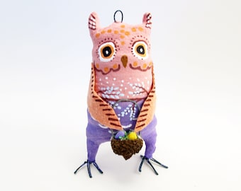 Spun Cotton Spring  Owl With Acorn Easter Basket Figure/Ornament