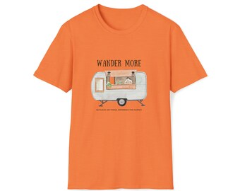 May include: Orange t-shirt with a white camper van illustration and the text "WANDER MORE" above the van and "GO PLACES, SEE THINGS, EXPERIENCE THE JOURNEY" below the van.