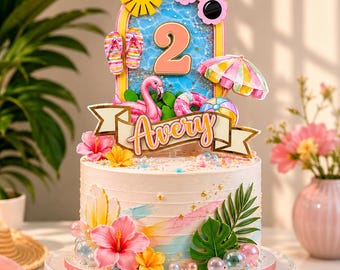 Personalized Summer Cake Topper, Pool Party Birthday Decoration, One Cool Babe, Summer Centerpiece, Flamingo Beach Theme, Two cool Birthday.