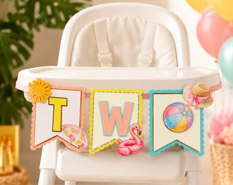 Two Cool High Chair Banner, Summer Birthday Banner, Pool Party First Birthday Decor, Tropical Beach High Chair Banner