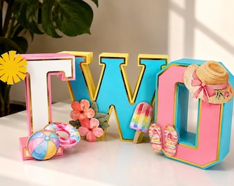 Two Cool 3D Letter Set, Summer Birthday Decorations, Tropical Pool Party Centerpiece, Two Birthday Table Decor