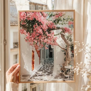 Santorini Greece Photography, Oia Greek Islands Print, Greece Poster, European Travel Print, Luxury Travel Print, Bougainvillea Pink Flowers