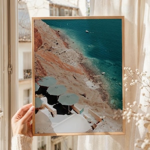 Santorini Greece Photography, Oia Greek Islands Print, Greece Poster, European Travel Print, Luxury Travel Print, Umbrella Beach