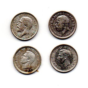 King George V & King George VI 1921/1935/1937/1941 Great Britain 3 Pence Silver Coins Lot (4)