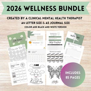 2026 Wellbeing Journal Wellness Bundle Printable Pages 2025 Digital Planner A5 & A4 Size 85, Made by a Clinical Mental Health Therapist