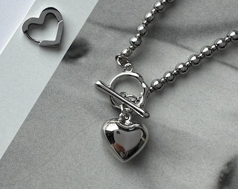 Hematite Heart Pendant Necklace, Stainless Steel Choker, valentines day