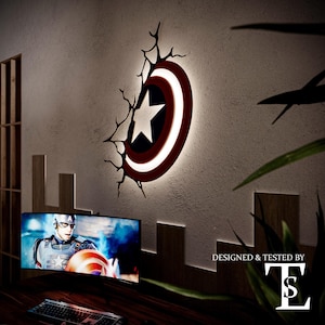 Op de afbeelding: Een rood, wit en blauwe Captain America schild wandlamp met een gebarsten muureffect. Het schild wordt verlicht met wit licht. De tekst "DESIGNED & TESTED BY TS" is zichtbaar in de rechterbenedenhoek van de afbeelding.