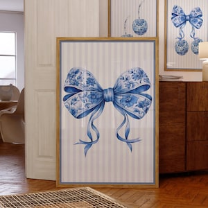 Chinoiserie Wall Art Coquette Bow Print Blue Striped  Blue Willow Coquette Decor Dopamine Boost Vintage Aesthetic Cottagecore Bowful