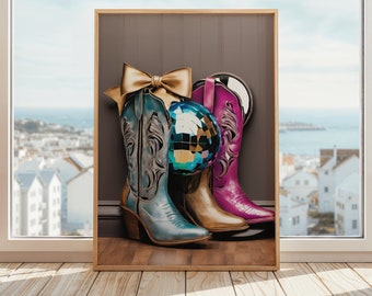 Disco Cowgirl Boots Print, Wall Art, Retro Cowgirl Print, Mirror Ball Print, Preppy Western Print, Cowgirl Aesthetic, Dopamine Yeehaw Print
