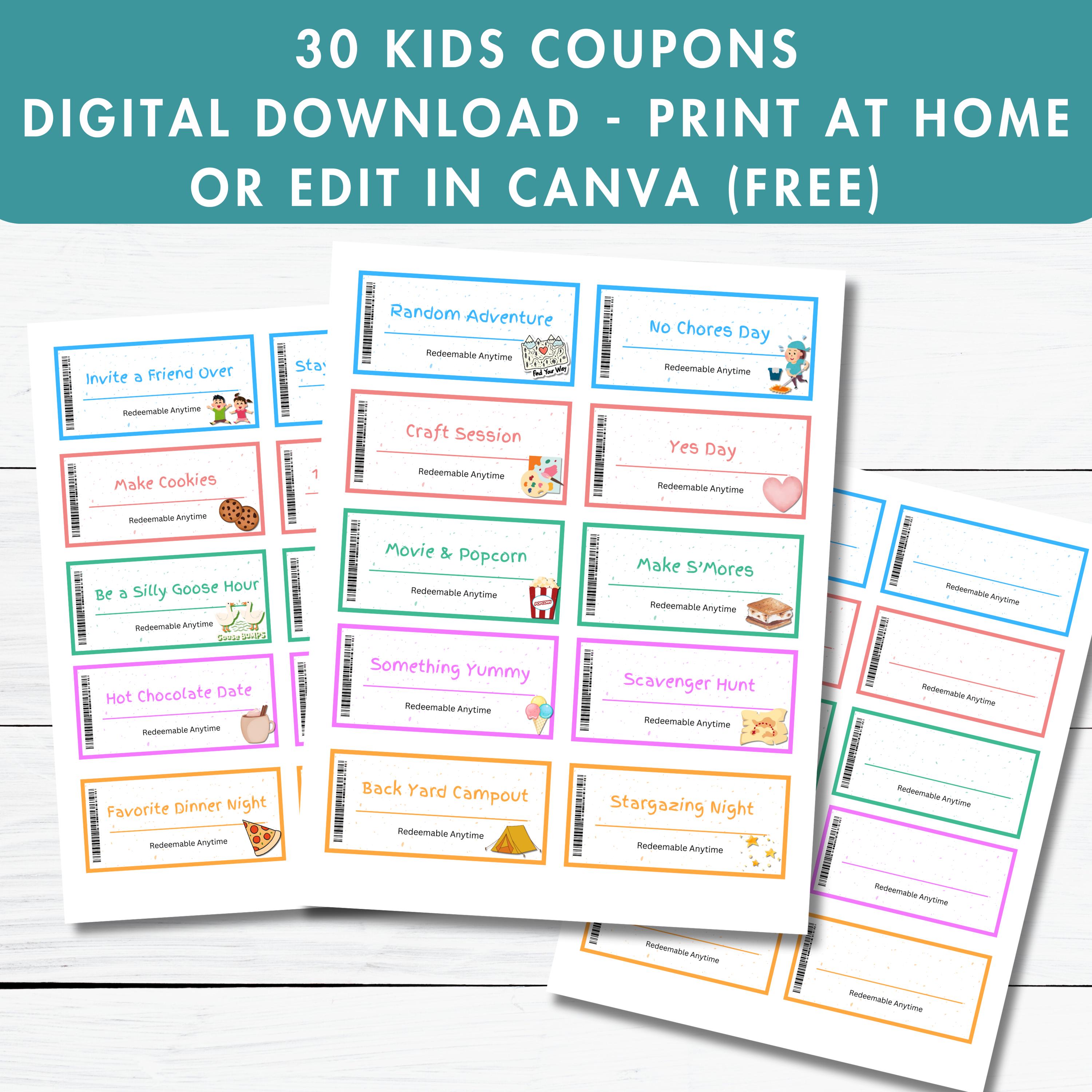 Custom coupons for kids, editable and printable.