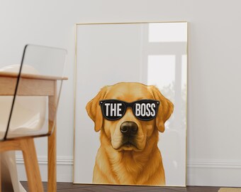 Arte mural de labrador, Labrador dorado mirando gafas de sol, Arte mural de jefe, Impresión de perro travieso, Regalo divertido para amantes de los perros, Arte mural para mascotas, Aprobado por perros, Dopamina