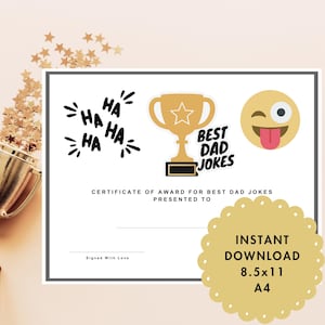 Dad Jokes, Best Dad Award, Greatest Dad, Best Dad Certificate, DIY Dad Gift, Emergency Dad Jokes, Hilarious Work Boss, Present for Grandpa