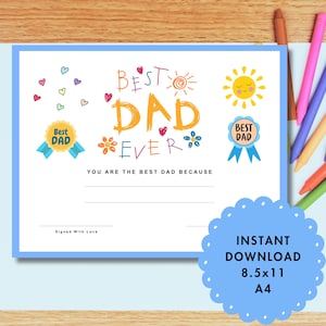 Best Dad Certificate, Greatest Dad Award, DIY Dad Gift, Gift from Kids, Father&#39;s Day Keepsake, Personalized Printable, Birthday Gift, Colors