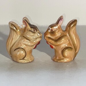 May include: A pair of ceramic squirrel figurines. The squirrels are facing each other, with their heads touching. They have tan bodies, brown and pink ears, and red accents. The figurines are likely decorative items.