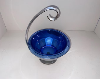 Vintage Hazel Atlas Blue Glass Ice Bucket with Chrome Handle (1930s-40s)
